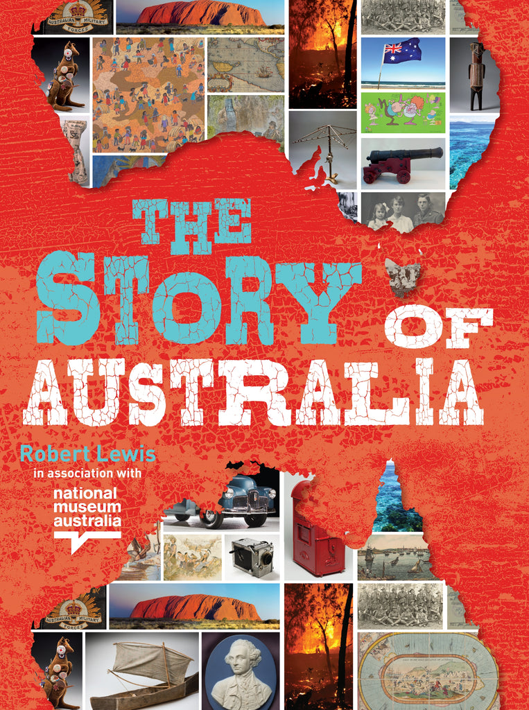 Book cover of 'The Story of Australia' with a collage of images on a red map background.