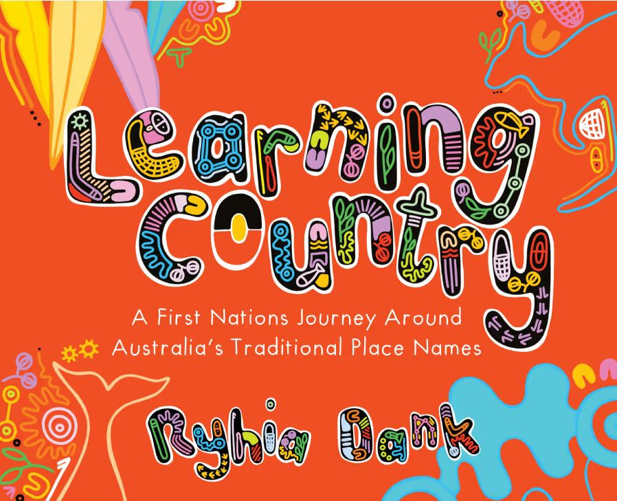 Book cover of 'Learning Country' with colorful text and Indigenous Australian designs on an orange background