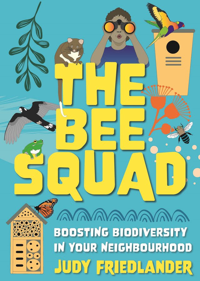 The cover of the book 'The Bee Squad' features an illustration with children, bees, butterflies, and a birdhouse, reflecting the book's theme of boosting biodiversity in neighborhoods.