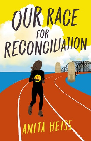 An image of a person running on a racetrack leading away from an illustration of the Sydney Harbour Bridge.