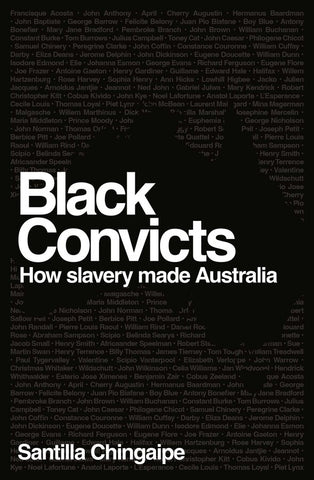 The image features the cover of the book titled "Black Convicts: How Slavery Shaped Australia" by Santilla Chingaipe. The book cover is predominantly black with white text and a silhouette of Australia's map, highlighting the theme of slavery and colonization.
