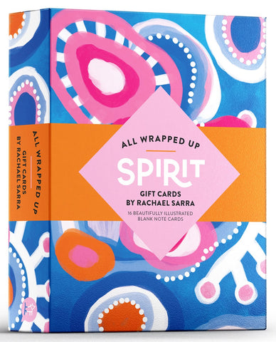 A boxed set of Spirit by Rachael Sarra gift cards featuring abstract Indigenous art patterns in vibrant colors. The packaging indicates the set includes 16 blank note cards.