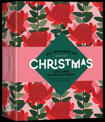 Set of gift cards with floral red waratah design by Jocelyn Proust and 'All Wrapped Up Christmas' text