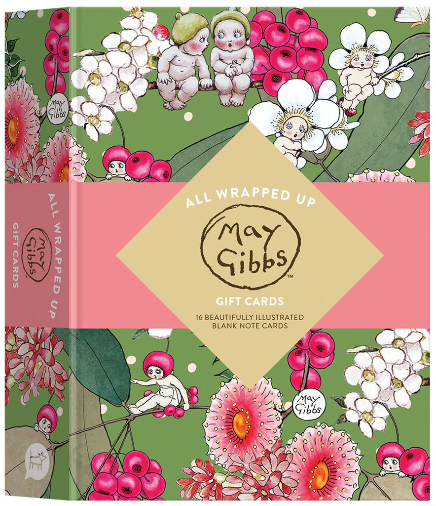 May Gibbs gift card set with illustrated characters and flowers on a green background