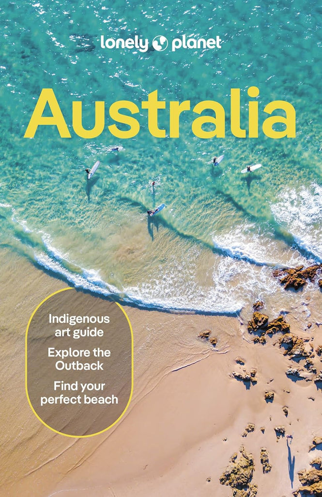 Cover of Lonely Planet Australia travel guide featuring an aerial beach photograph with surfers and a text overlay.