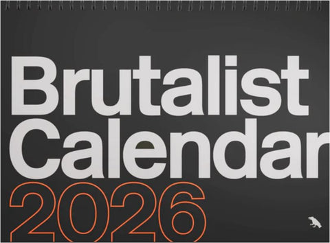 Calendar cover with 'Brutalist Calendar 2026' text on a black background, in landscape orientation, from Blue Crow Media.