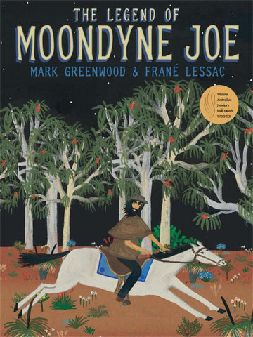 Book cover of 'The Legend of Moondyne Joe' with an illustration of a bushranger on horseback in a forest at nighttime.