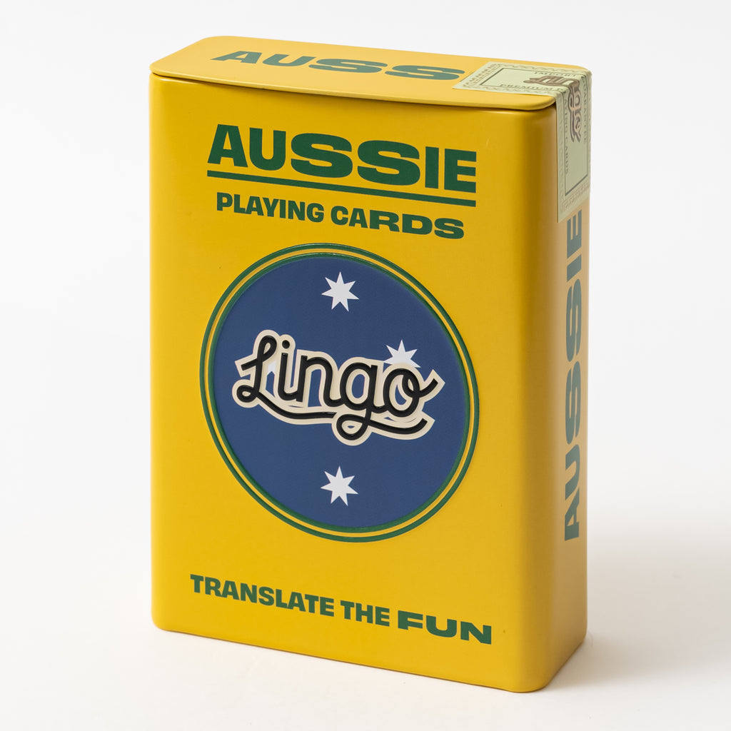 A yellow tin box of Aussie playing cards with the brand name Lingo on the front, featuring a star and a blue background.