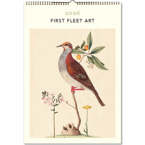 2026 First Fleet Art calendar with a bird illustration on a beige background
