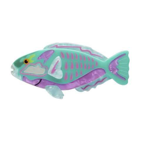 A Erstwilder layered resin brooch designed in the shape of a Bleeker's Parrotfish with a teal green body and purple details.