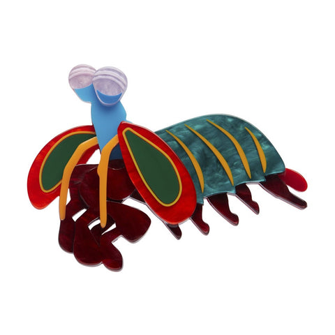 The Peacock Mantis Shrimp is a colorful layered resin Erstwilder brooch with blue, red, and green elements, featuring an intricate design.