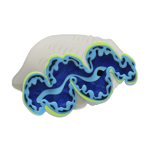 An Erstwilder Giant Clam brooch featuring blue and green and white layered resin.