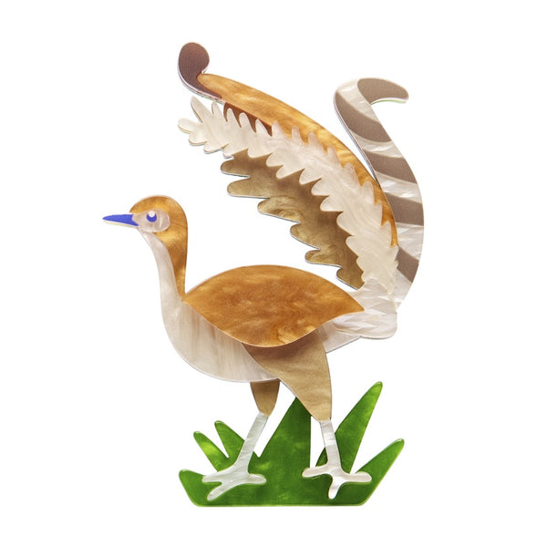 Colourful resin Australian lyrebird brooch in brown tones on a white background