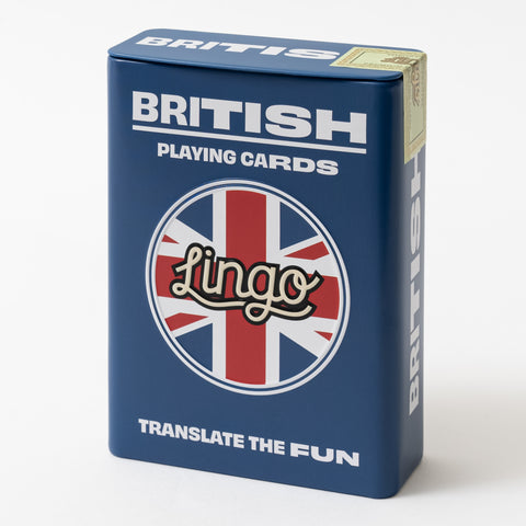 A tin box of Lingo British playing cards featuring a blue background with a red and white British flag and the text 'BRITISH PLAYING CARDS' on the cover.