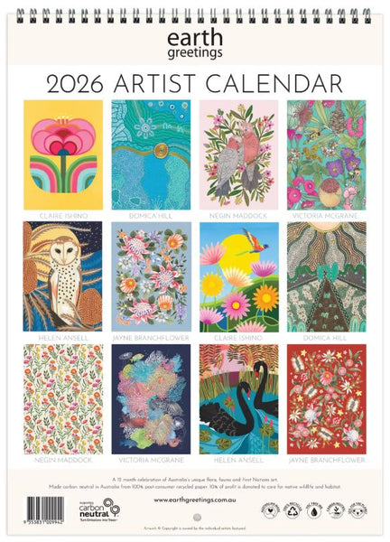 Earth Greetings 2026 Artist Calendar reverse