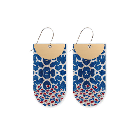 Pair of earrings with blue and red pattern on a white background
