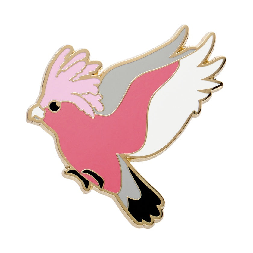 Galah pin with pink, grey, and black colors on a white background