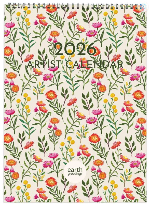 2026 Artist Calendar with floral design and 'Earth Greetings' branding, portrait orientation
