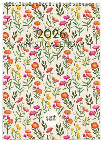 2026 Artist Calendar with floral design and 'Earth Greetings' branding, portrait orientation