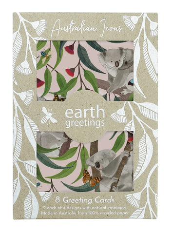 Pack of 8 assorted greeting cards with Australian native animal and floral designs, including a koala, emu, wombat, and various flowers, presented in a kraft paper package.