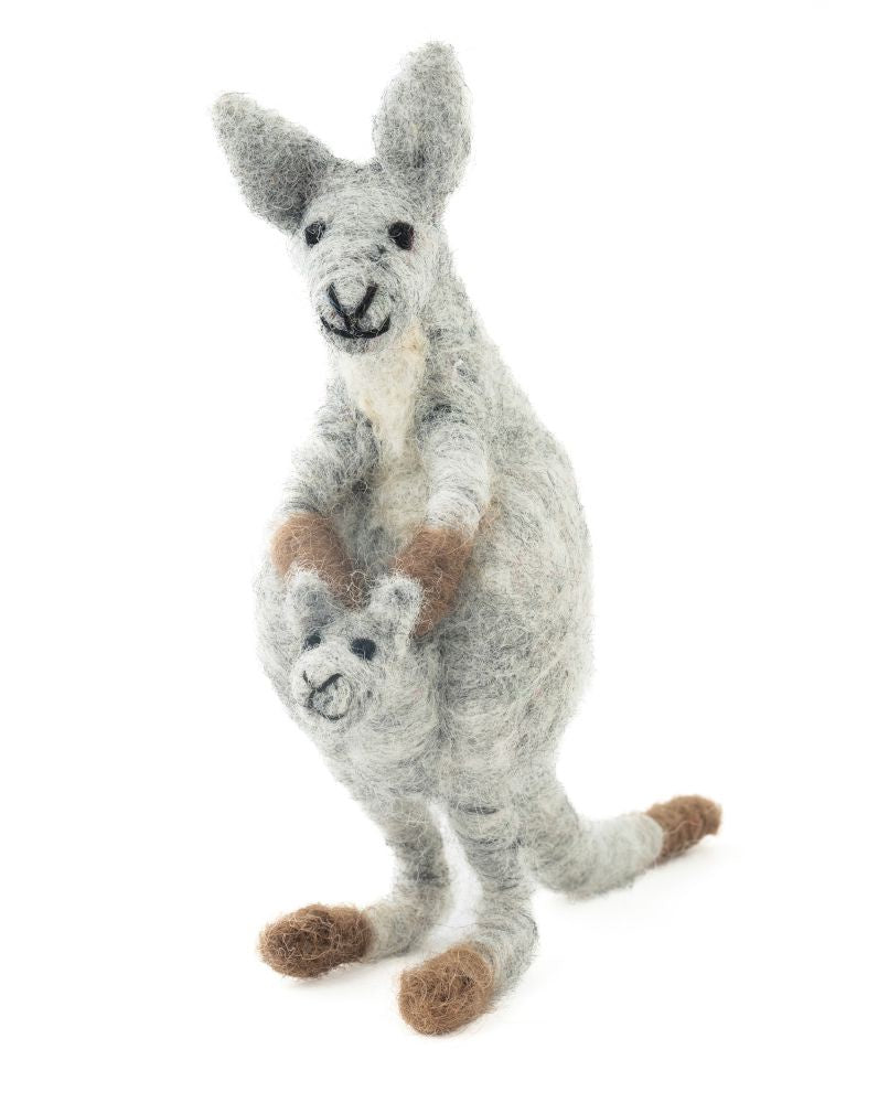 Wool felt kangaroo with a joey against a white background