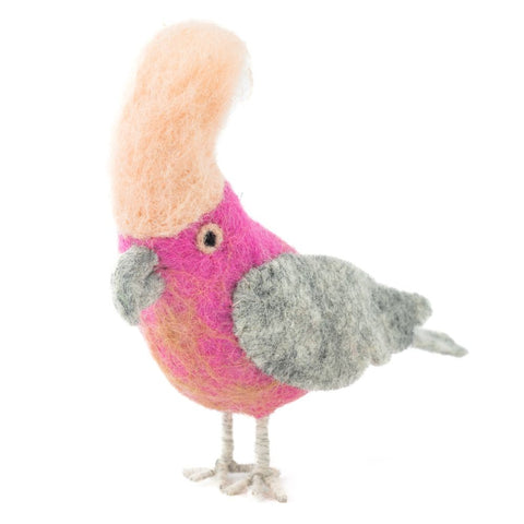 Plush toy Galah with pink and grey body on a white background