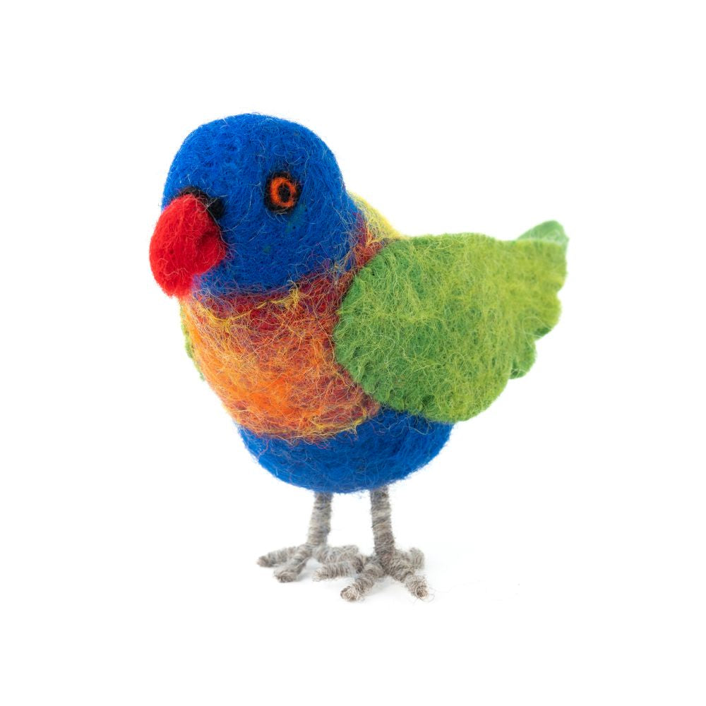 Colorful rainbow lorikeet figurine with blue, orange, and green felt on a white background