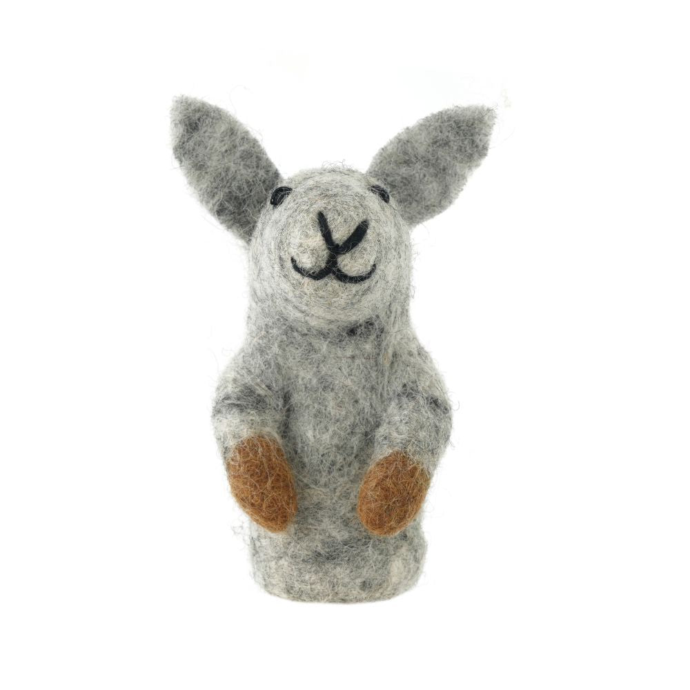 Grey felted kangaroo finger puppet toy with brown paws on a white background