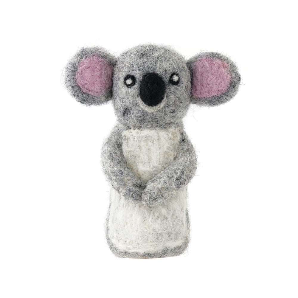Felted wool koala finger puppet on a white background