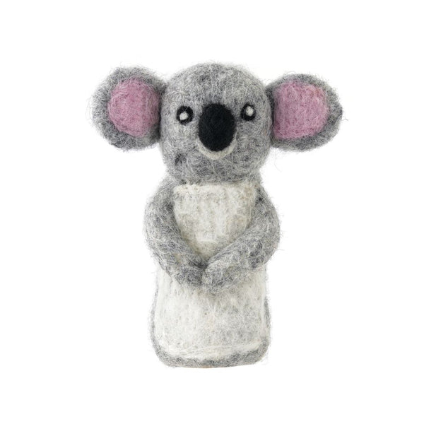 Felted wool koala finger puppet on a white background