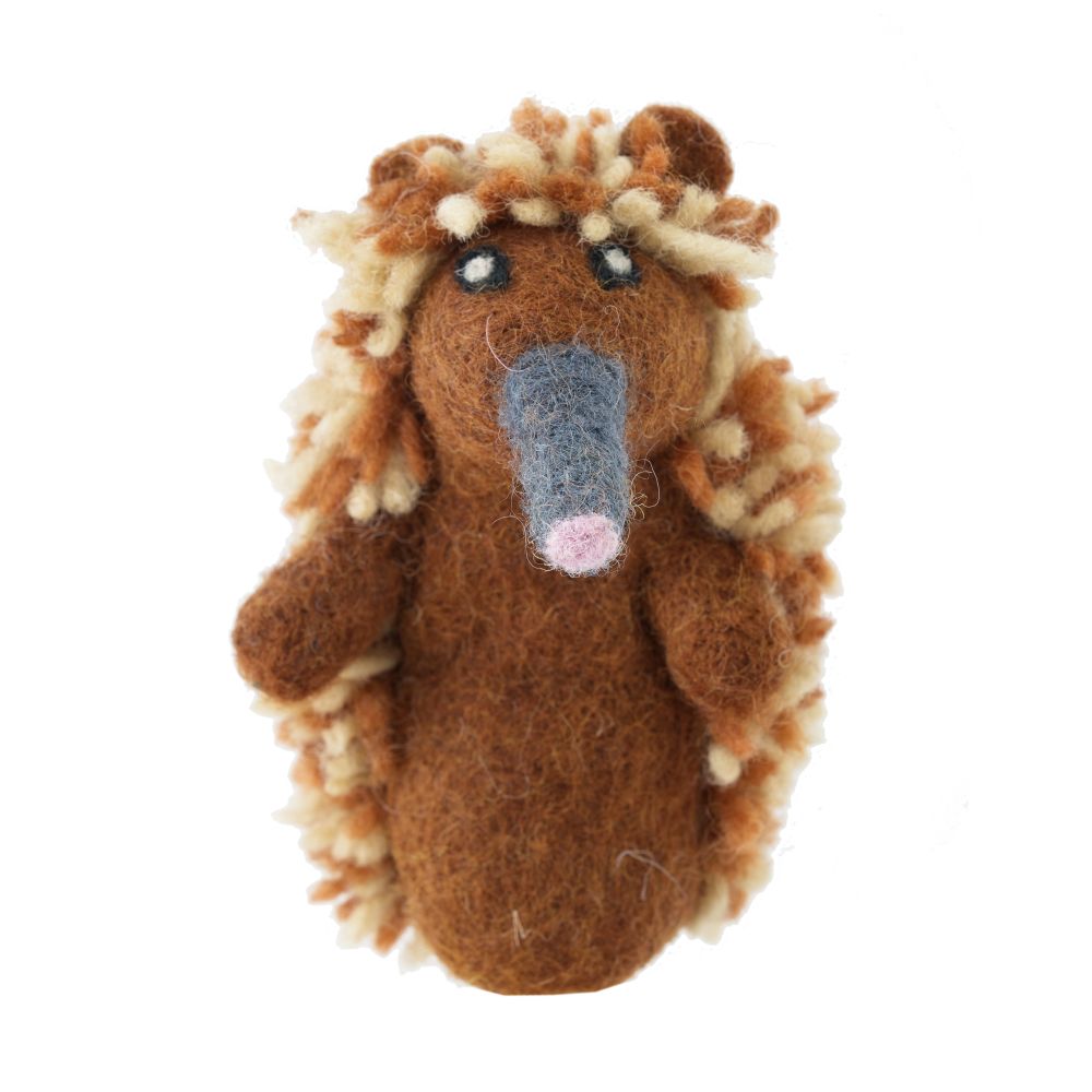Woolen Echidna Finger Puppet with brown fur and on a white background