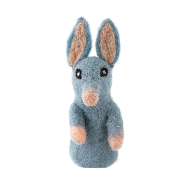 Grey woollen felt bilby finger puppet on a white background
