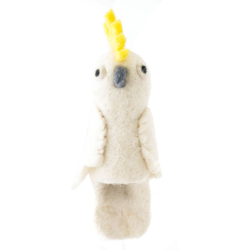 White cockatoo finger puppet with yellow crest on a white background