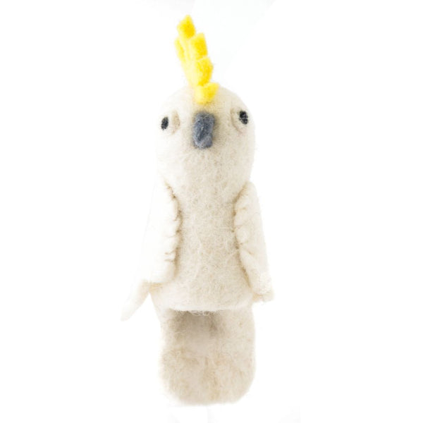 White cockatoo finger puppet with yellow crest on a white background