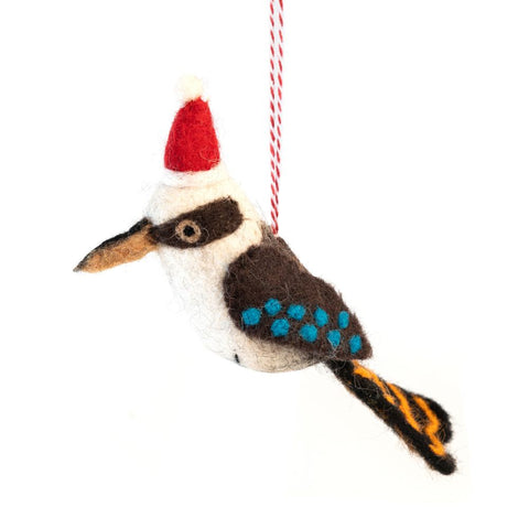 Felted kookaburra Christmas ornament wearing a Santa hat on a white background