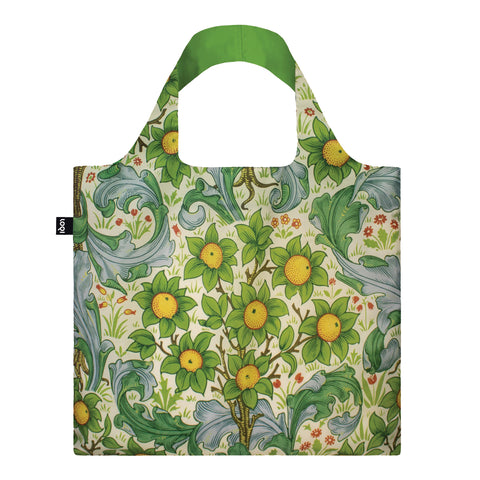 A tote bag with a William Morris floral pattern featuring green acanthus leaves and small orange trees on a soft blue background.