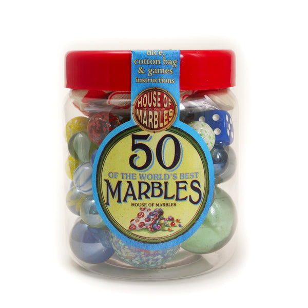 A clear plastic jar containing various colored glass marbles, with a red lid and a label that reads '50 Of The World's Best Marbles' along with the brand 'House of Marbles'.