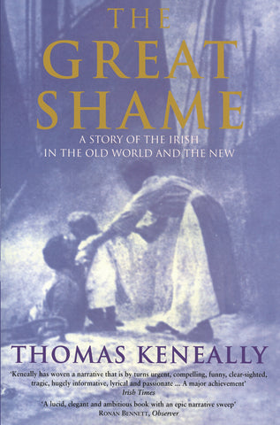 This image features the cover of "The Great Shame" by Thomas Keneally, a non-fiction book that explores the history of the Irish diaspora. The cover design is simple yet powerful, with a muted purple background that contrasts with the white and yellow text displaying the title and author's name.
