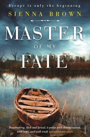 Book cover for 'Master Of My Fate' by Sienna Brown featuring a rustic boat on water, with a subtitle and author name at the top.