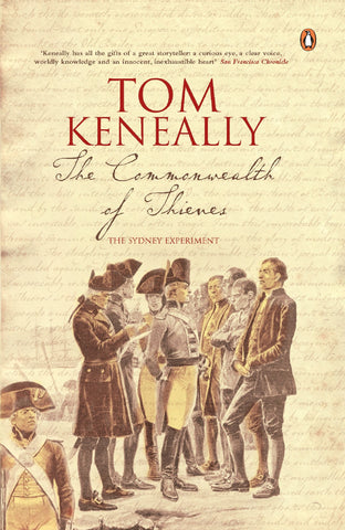 The cover of the book 'The Commonwealth of Thieves The Sydney Experiment 2018' featuring an illustration of several 18th-century dressed figures, including men in uniform and civilians, set against a rustic backdrop.