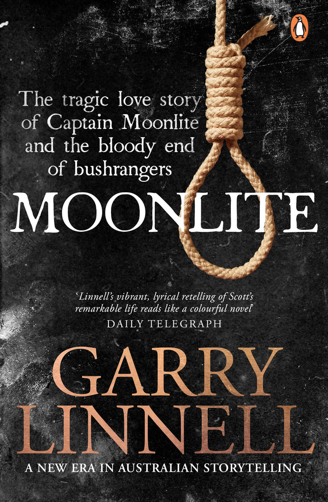 This image features the cover of the book "Moonlite" by Garry Linnell. The cover design is evocative of the dramatic and tragic tale within, depicting a noose hanging against a dark background.