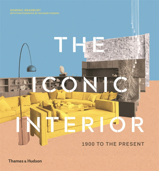 The cover of the book 'The Iconic Interior' featuring a photograph of a stylish interior design with a yellow sofa, a modern lamp, and a minimalist white wall.