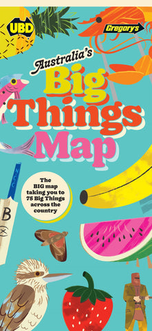 The Australia’s Big Things Map features bright illustrations of large and quirky landmarks which are popular throughout many Australian regions.