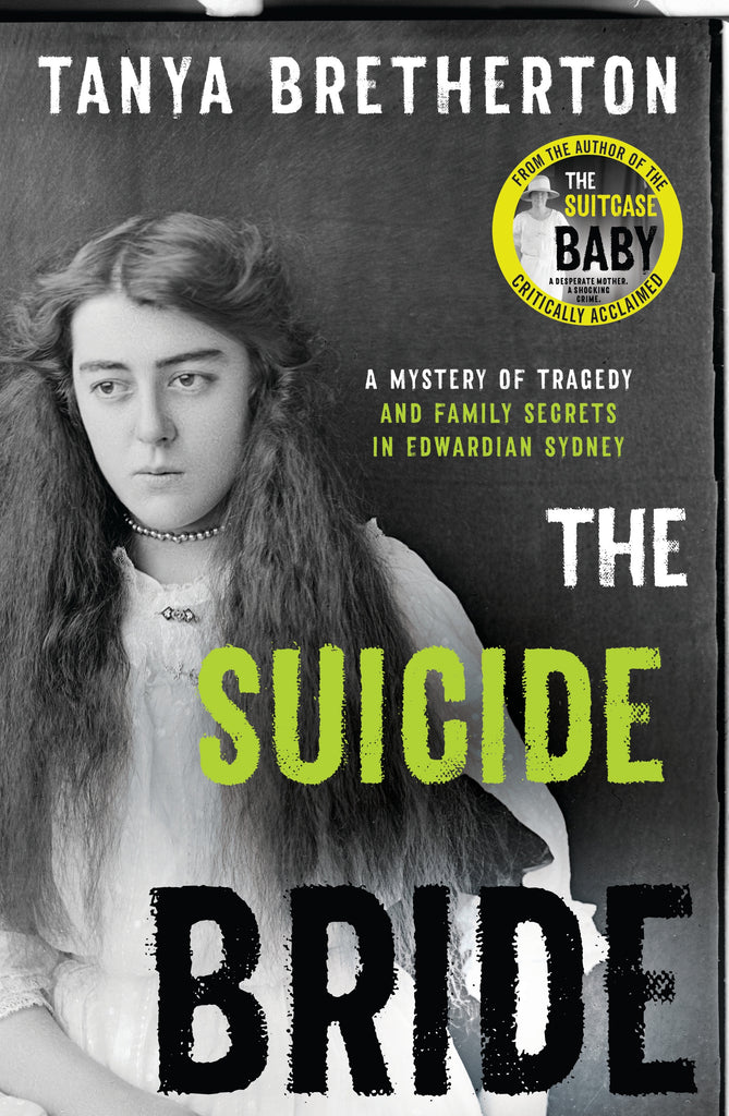 The cover of the book 'The Suicide Bride' features an image of a woman with a contemplative expression, dressed in an old-fashioned white outfit with a green accent on the title text.