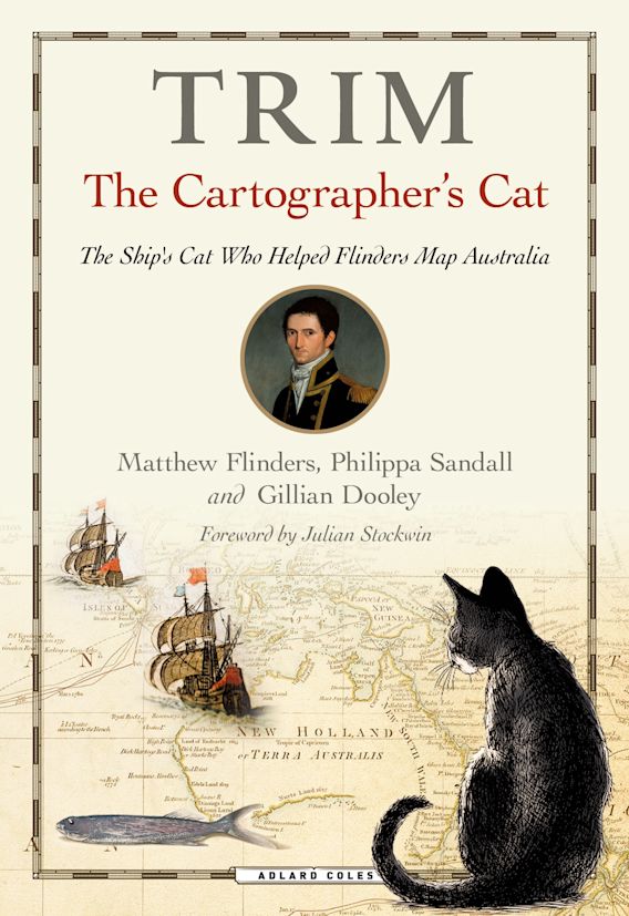 Cover of the book 'Trim, The Cartographer's Cat' featuring a map and an illustration of a black cat.