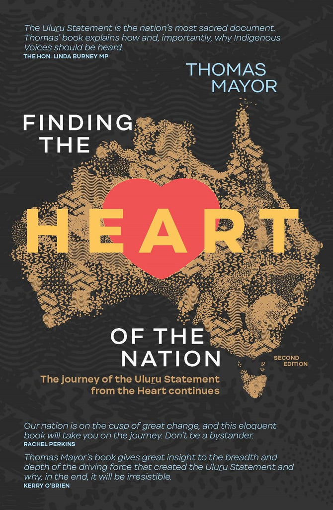 The image features the cover of the book titled "Finding the Heart of the Nation" by Thomas Mayor. The cover design is striking with a large, bold heart in the center, overlaying the silhouette of Australia.