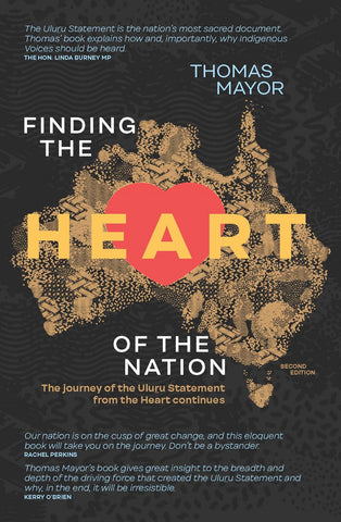 The image features the cover of the book titled "Finding the Heart of the Nation" by Thomas Mayor. The cover design is striking with a large, bold heart in the center, overlaying the silhouette of Australia.