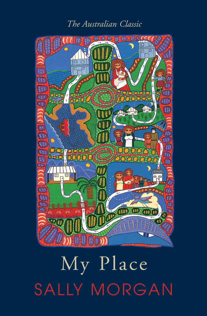 The cover of the book 'My Place' by Sally Morgan, featuring a colorful First Nations illustration.