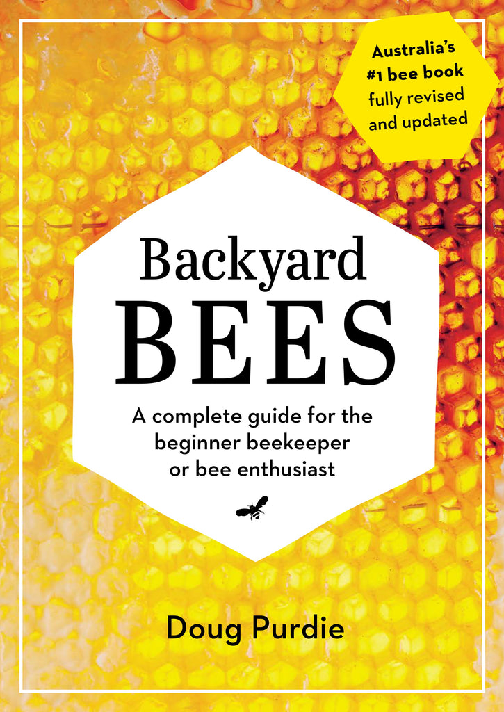 A book cover of 'Backyard Bees' featuring a close-up of honeycomb with the author's name at the bottom.