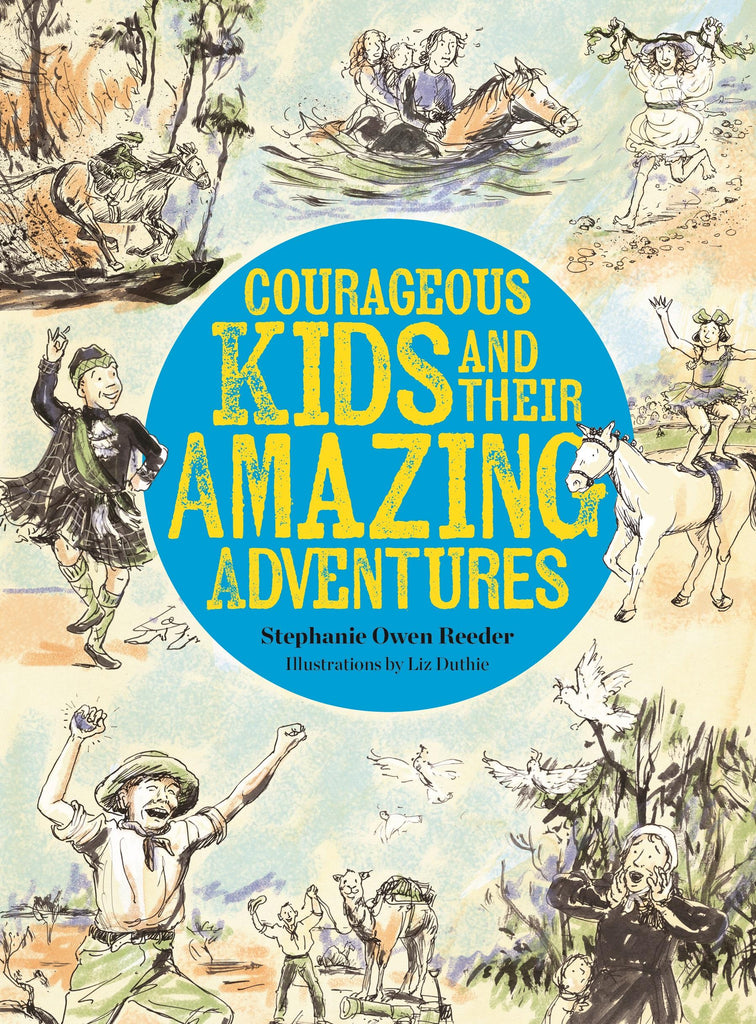 Book cover of 'Courageous Kids and their Amazing Adventures' featuring illustrations of children in various adventurous poses and settings.